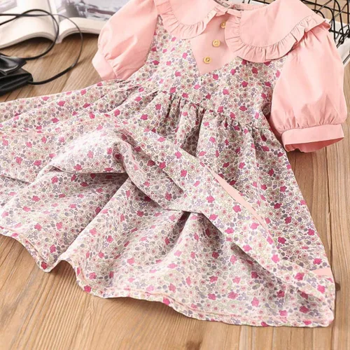 Vista 3 de Kids Girls Cute Sweet Collar Floral Dress for 2-7 Years,Casual Flowy Summer Short Puff Sleeve Doll Neck A-line Dress