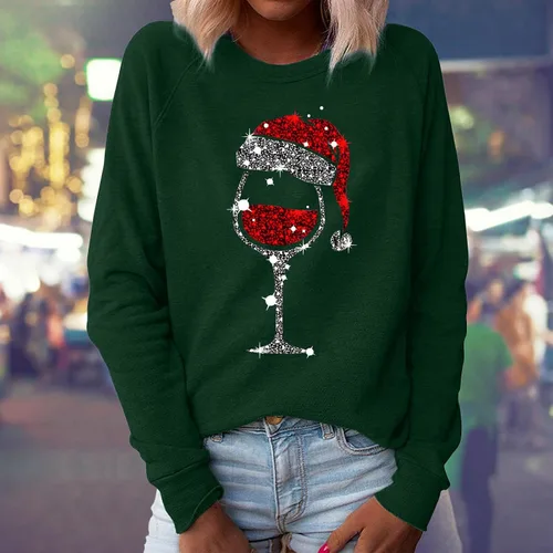 Vista 2 de Camisetas de Navidad para mujer, camiseta gráfica de copa de vino tinto, camiseta de entrenamiento, ejercicio, cuello redondo, camisas básicas