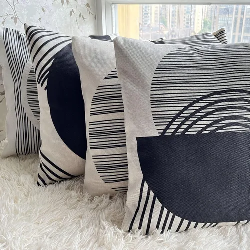 Vista 8 de IcosaMro Juego de 4 fundas de almohada bohemias de 18 x 18 pulgadas, color blanco y negro de mediados de siglo, diseño geométrico moderno de lino