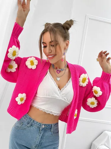 Vista 4 de MakeMeChic Cárdigan corto con apliques florales y manga de linterna para mujer