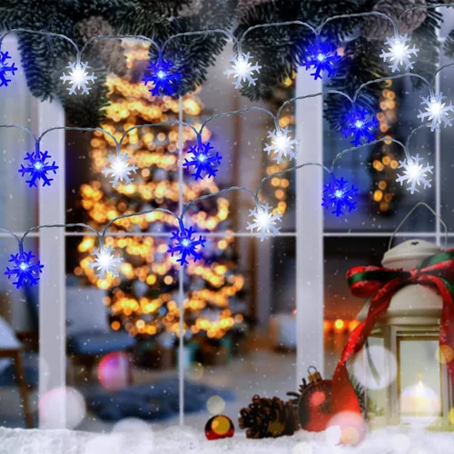 Vista 6 de FUTUREPLUSX - Guirnalda de luces de copo de nieve de 9.8 pies, luces de copo de nieve de Navidad azules y blancas, funciona con pilas, impermeable