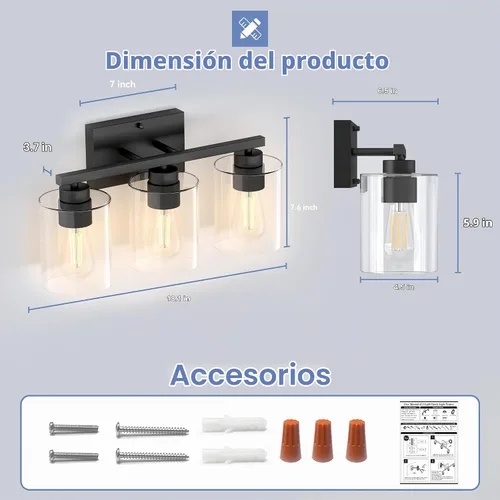 Vista 6 de Honesorn Lámparas de tocador de baño de 3 luces, 18 pulgadas, 60 W, negro
