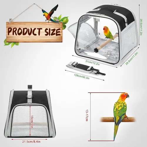 Vista 6 de Portador de pájaros pequeño, jaula de viaje con ventana grande con soporte y bandeja fácil de limpiar para cacatúas loro, periquito, ligero y Negro
