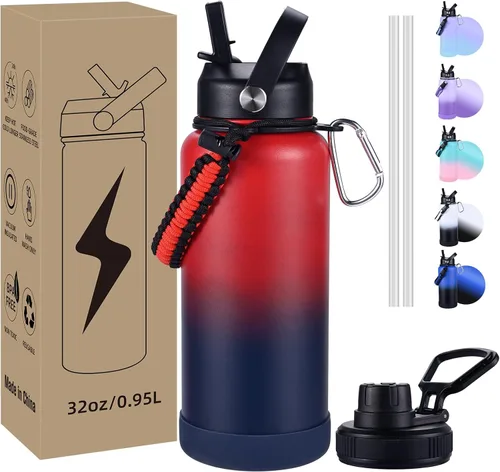 Vista 12 de Botella de Agua Aislada, botellas de agua de boca ancha de acero inoxidable de 32 onzas con 2 tapas a prueba de fugas y mango de paracord, botella