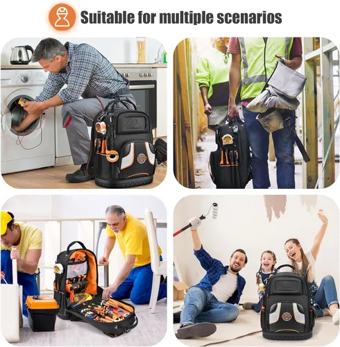 Vista 8 de Mochila para herramientas con 2 bolsas de herramientas de lona, kit de herramientas, mochila de herramientas para construcción resistente HVAC