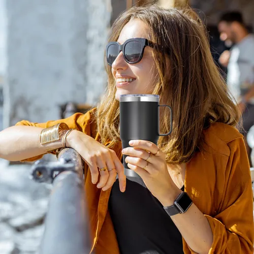 Vista 6 de Vaso térmico de acero inoxidable de 20 oz con asa, envase a granel, vasos termales metálicos aislados, taza de café de viaje con asa, vaso de doble