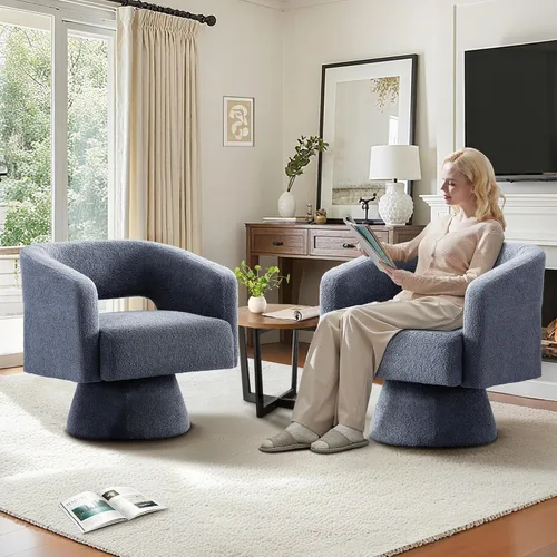 Vista 18 de ClinQ Silla giratoria de barril acento, juego de sillas redondas tapizadas de teddy extragrandes, silla de tocador moderna de lujo de 360°