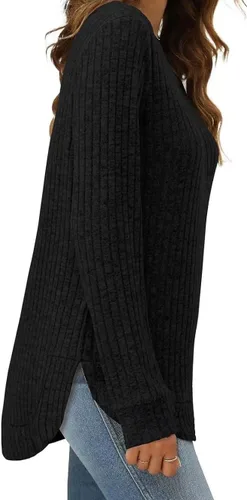 Vista 5 de Suéteres básicos de otoño para mujer, manga larga, cuello redondo, suéter de invierno de punto acanalado, suéter de invierno