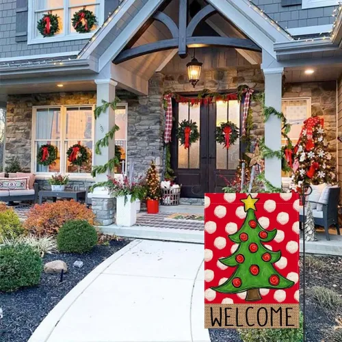 Vista 5 de PANDICORN Bandera de Jardín Feliz Navidad 12x18 Pulgadas Doble Cara, Bienvenida Árbol de Navidad Lunares Rojo Invierno Vacaciones Patio Arpillera