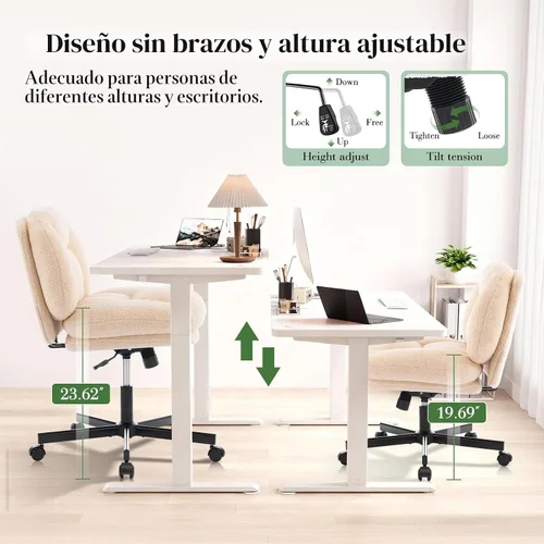 Vista 6 de Silla cruzada gruesa, acolchada, ergonómica, con patas cruzadas, con ruedas, silla giratoria sin brazos, altura ajustable para computadora