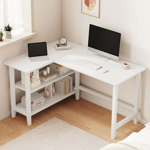 Vista 11 de IOTXY Escritorio de oficina reversible en forma de L, mesa de computadora compacta de 45 pulgadas con estantes de almacenamiento, patas de madera