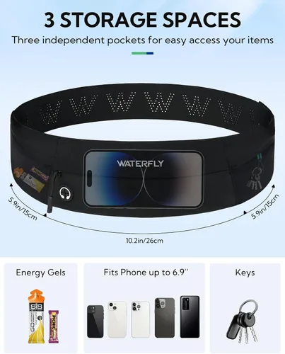 Vista 4 de WATERFLY Cinturón para Correr Riñonera: Bolsa de Cintura Delgada para Hombres Mujeres, Soporte para Teléfono de Fitness para Entrenamiento Maratón