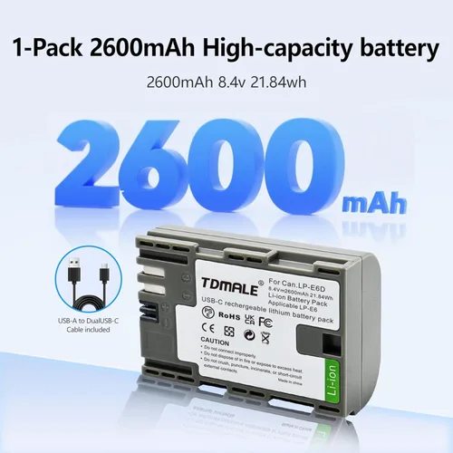 Vista 2 de Paquete de 1 batería de repuesto de 2600 mAh para LP-E6NH LP-E6N LP-E6 con puerto de carga directa tipo C compatible con cámara Canon EOS R R5 R6 R7