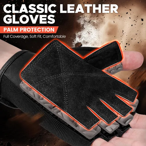 Vista 2 de Guantes de gimnasio BEACE para levantamiento de pesas, con palma de piel antideslizante para entrenamiento, fitness y culturismo para hombres