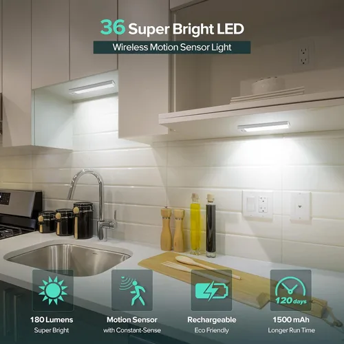 Vista 2 de Alivation 36 luces LED para armario con sensor de movimiento, funciona con pilas, iluminación debajo del gabinete, luz con sensor de movimiento