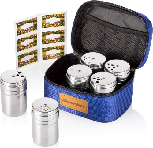 Vista 2 de Despachador de condimentos de acero inoxidable portable, juego de 6 unidades con tapas rotativas y bolsa de viaje, salero y pimientero, despachador