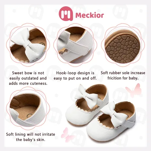 Vista 5 de Meckior - Zapatos bajos y livianos para bebés, estilo Mary Jane, con suela suave y lazo decorativo, para vestidos de princesa o bodas, para niñas