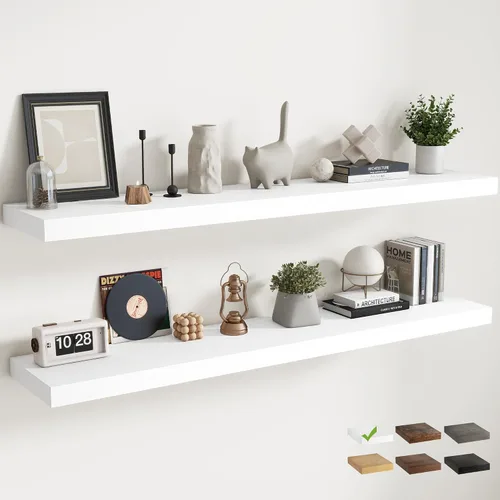 Vista 32 de Juego de 2 estantes flotantes de 16 pulgadas para pared, estantes de baño de grano de madera de 12 pulgadas de profundidad con soportes invisibles