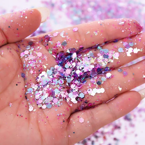 Vista 2 de Juego de 10 cajas de maquillaje con purpurina gruesa. Coloridos copos de purpurina cosmética mixta para sombra de ojos, cuerpo, uñas, labios