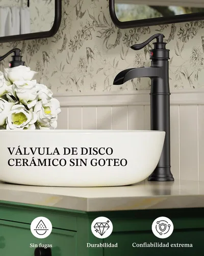 Vista 5 de Grifo de lavabo de cascada negro mate latón sola manija 1 agujero Mate negro