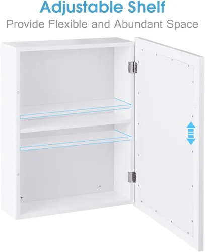 Vista 8 de GOFLAME Botiquín de baño, armario de almacenamiento con espejo de montaje en pared con una sola puerta y estante ajustable, organizador de madera