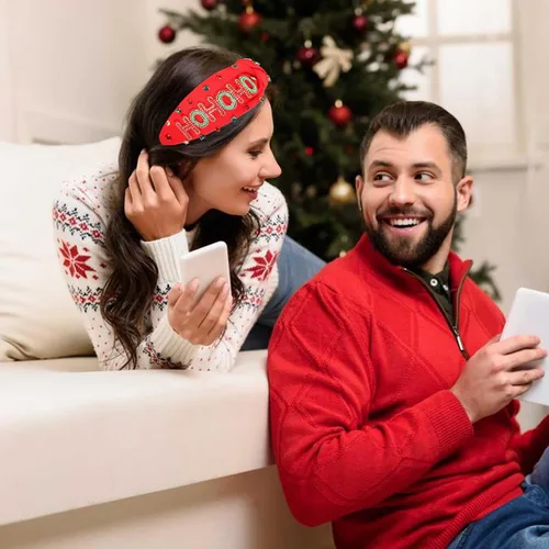 Vista 3 de Diadema de Navidad para mujer, accesorios de Navidad con cuentas, arco de Navidad, árbol, copo de nieve, diadema anudada HOHOHO, rojo y verde, perla