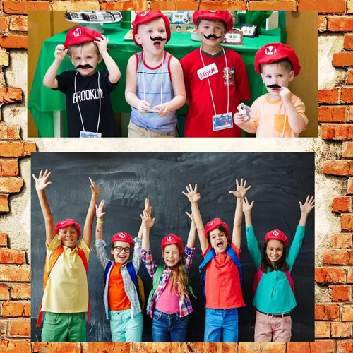 Vista 7 de Lukvuzo Super Bros M & L - Accesorios de disfraz para niños y adultos, sombrero de fontanero con bigotes y tirantes, guantes para cosplay