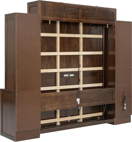 Vista 8 de MERITLINE Cama Queen Murphy con escritorio y armarios de almacenamiento, cama vertical de pared de madera maciza con cajones de almacenamiento