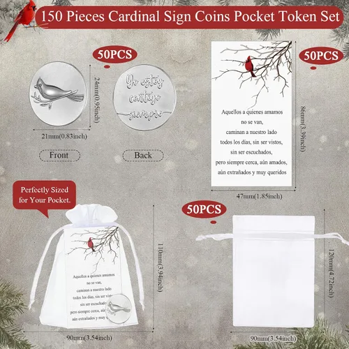 Vista 2 de El juego de 150 monedas de signo de ángel conmemorativo cardenal incluye ficha de bolsillo funeraria cardenal, tarjetas de poema y bolsas de organza