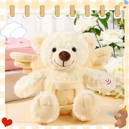 Vista 2 de Leyndo Oso de recuerdo de ángel de 12 pulgadas con grabador, juguete de peluche suave con un marco de fotos para baby shower, fiesta de cumpleaños