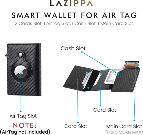 Vista 5 de LAZIPPA Cartera inteligente para hombre, de bolsillo, minimalista, con soporte para rastreador, cartera de cuero con bloqueo RFID, elegante cartera
