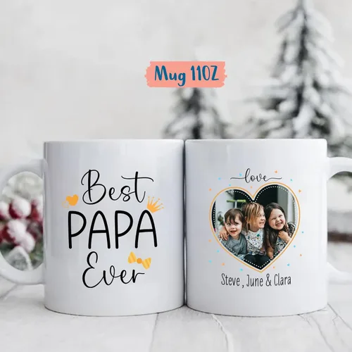 Vista 4 de Taza con texto en inglés "Best Papa Ever", tazas personalizadas para papá, tazas con foto personalizadas, regalos de hijo, hija, niños, taza