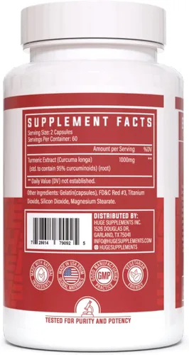 Vista 2 de Huge Supplements Cúrcuma, 1000 mg de extracto puro de raíz de cúrcuma por porción, 95% curcuminoides, suplemento antioxidante, sin OMG, sin gluten