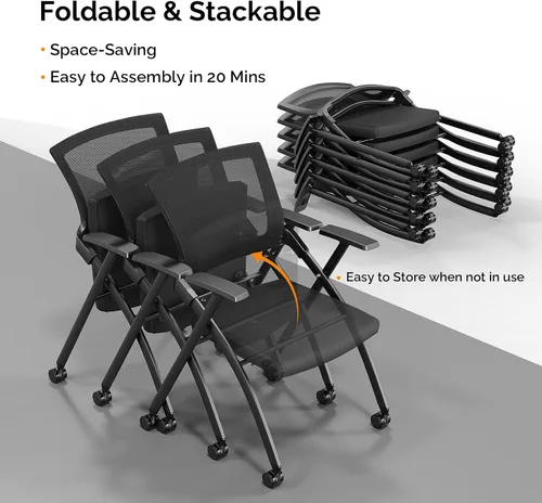 Vista 4 de Karl home Silla de oficina plegable ergonómica con cojín grueso, cómoda silla de oficina plegable con brazos y ruedas para reuniones de oficina