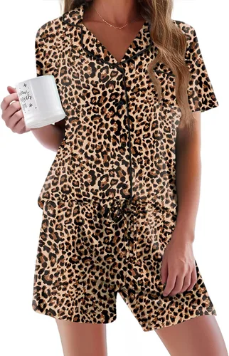Vista 10 de Ekouaer - Conjunto de pijamas de manga corta para mujer, con botones, suave, 2 piezas, conjuntos de descanso, tallas XS-XXXL Verde Aqua