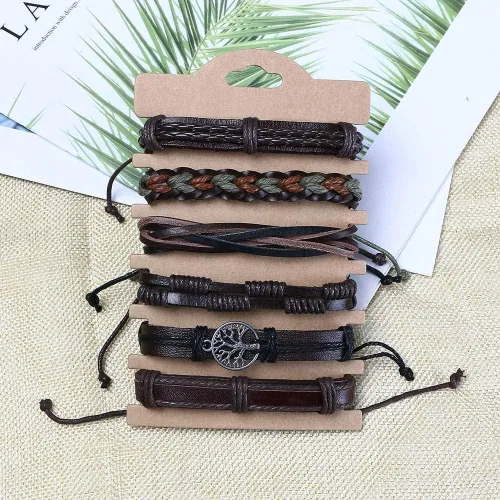 Vista 4 de Pulsera de cuero del árbol de la vida, 6 pulseras de cuero trenzado étnico tribal, pulseras ajustables para hombres y mujeres, Cuero