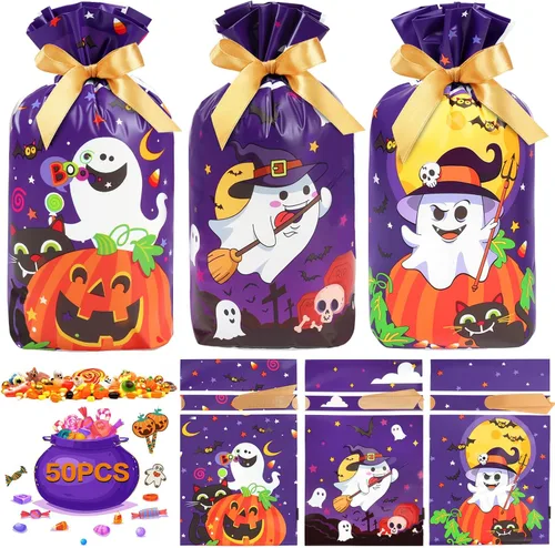 Vista 8 de Shintop Bolsas de golosinas de Halloween, 50 bolsas pequeñas con cordón Con