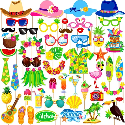 Vista 10 de KatchOn, Luau - Accesorios para cabina de fotos – Paquete de 21 Accesorios para cabina de fotos tropicales, decoraciones de fiesta de Luau Playa