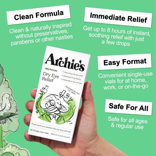 Vista 2 de Archie's Remedies, Alivio para ojos secos, gotas para los ojos ultra lubricantes, fórmula limpia y frascos sin conservantes, un solo uso