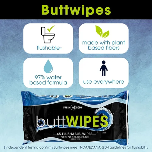 Vista 6 de ButtWIPES Toallitas desechables (1 paquete, 45 toallitas) – Toallitas desechables para adultos – Toallitas para glúteos a base de agua con aloe