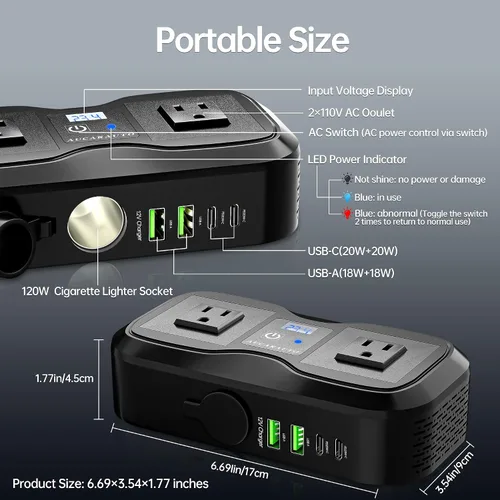 Vista 6 de Inversor de corriente para coche 7 en 1, inversor de corriente para coche de 200 W de CC 12 V a 110 V de CA con voltímetro LED, carga de 4 puertos