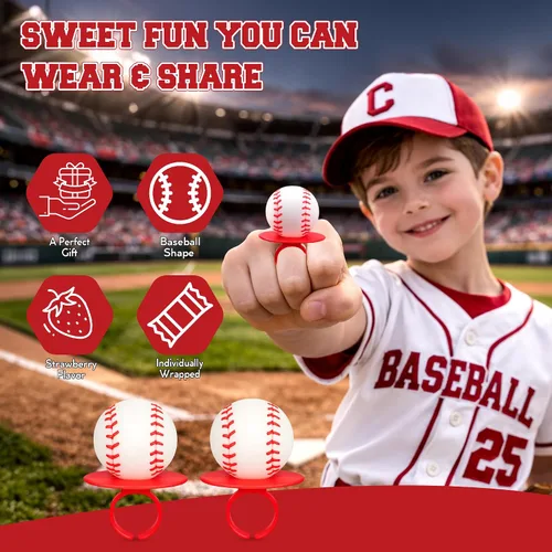 Vista 2 de Anillos de caramelo de béisbol – Ventosas envueltas individualmente, 18 unidades – Recuerdos de fiesta de béisbol para niños – Bolsa de golosinas