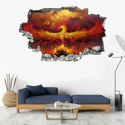 Vista 4 de Phoenix Calcomanías 3D para decoración de pared, calcomanías de pared de animales 3D, calcomanías murales de pared aplastadas, arte abstracto, arte