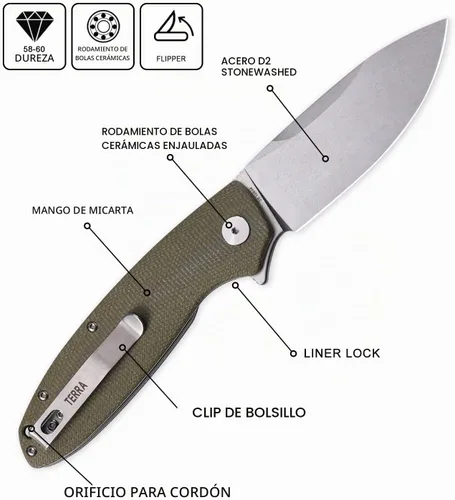 Vista 2 de Petrified fish PFB01 Terra,3.54" D2 Hoja de acero, Micarta Handle Flipper Liner lock Cuchillo plegable (verde)