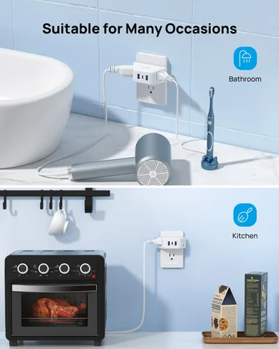 Vista 7 de TROND Extensor de salida con USB, divisor de pared con 2 tomas AC, 3 puertos USB, adaptador de enchufe de pared de diseño de 3 lados, elementos