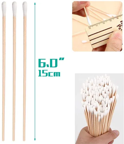 Vista 3 de 200 hisopos de algodón extra largos de 6 pulgadas con asas de madera, aplicadores largos de punta de algodón para limpieza de precisión