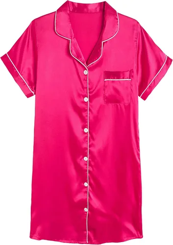 Vista 15 de Hupohoi - Vestido de pijama de satén para niñas, con botones, ropa de dormir sedosa, camisón de manga corta, camisa de noche, vestidos Negro