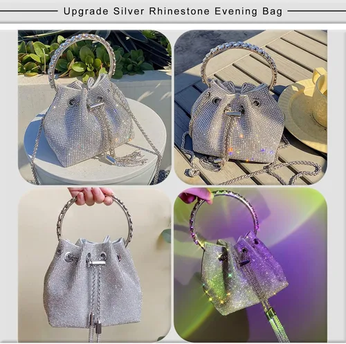 Vista 3 de TOPALL Bolsa de noche con diamantes de imitación, monedero plateado brillante con diamantes de imitación para mujer, fiesta, club, boda, plateado