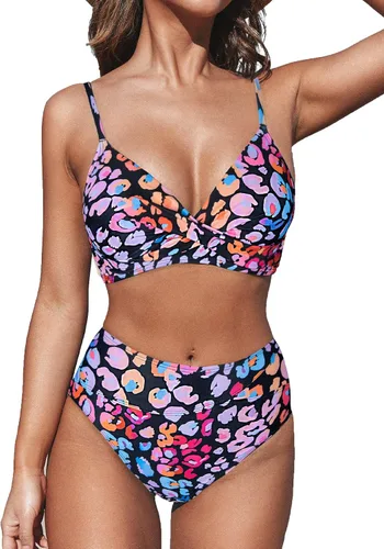 Vista 33 de CUPSHE Conjunto de bikini de dos piezas con cuello en V y cintura alta para Negro/Verde