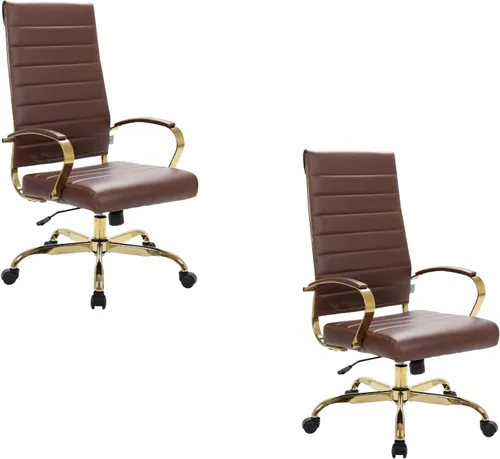 Vista 30 de LeisureMod Silla de oficina moderna de cuero con respaldo alto, silla de escritorio ejecutiva giratoria y ajustable con marco dorado, diseño Blanco